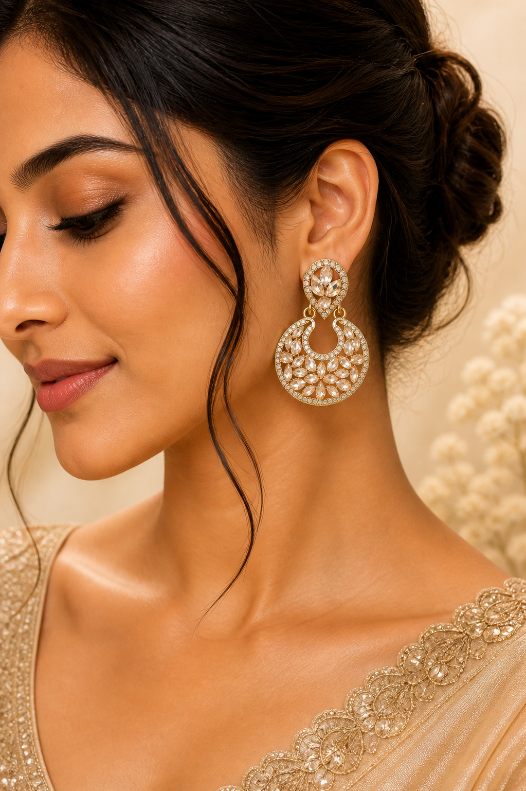 Trendy Crystal Earrings - Golden / Champagne Tone - Image 4