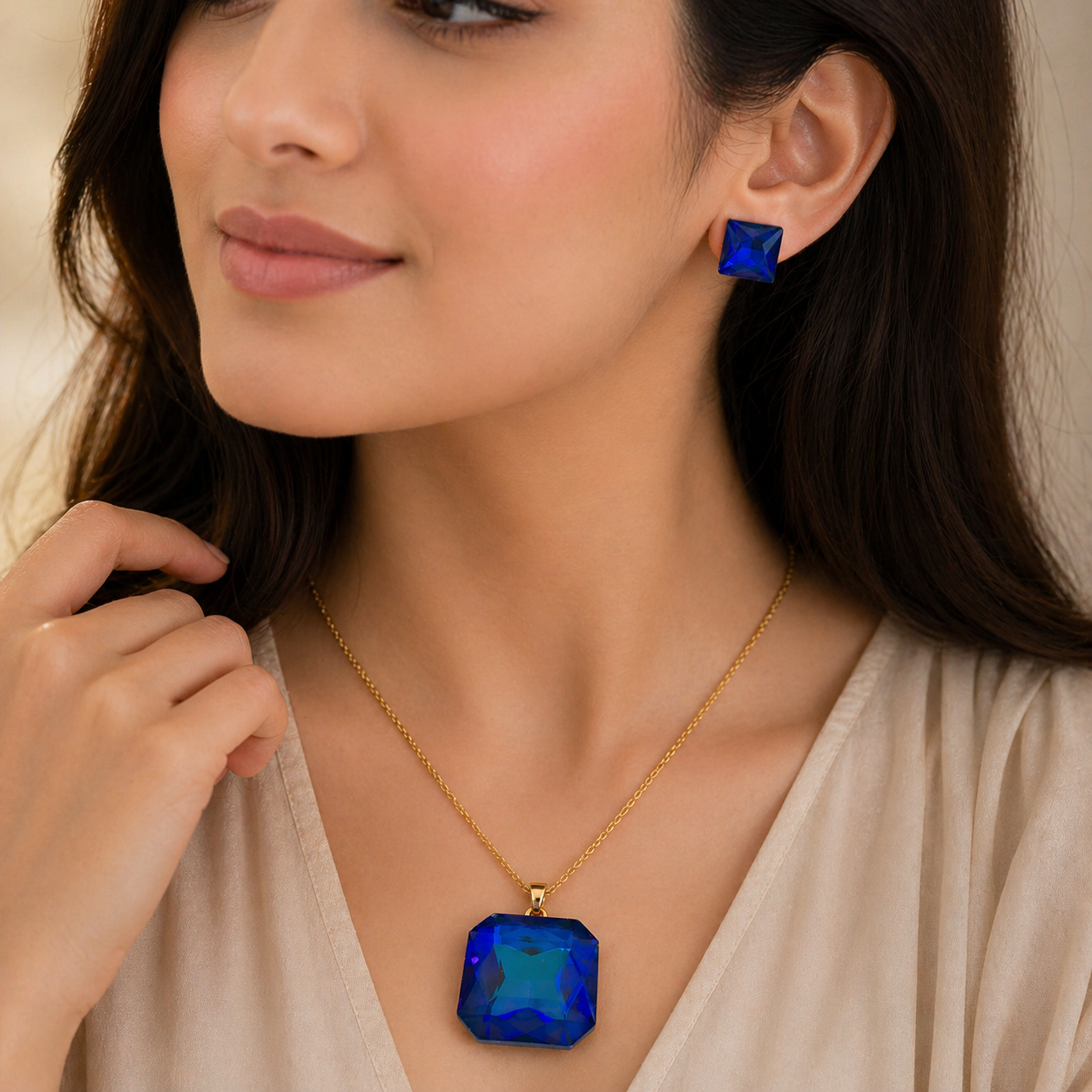 Trendy Crystal Earrings - Deep Royal Blue - Image 3