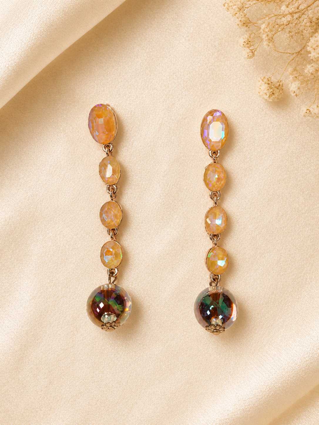 Trendy Crystal Earrings - Warm Amber / Golden-Orange With Multicolor Shine