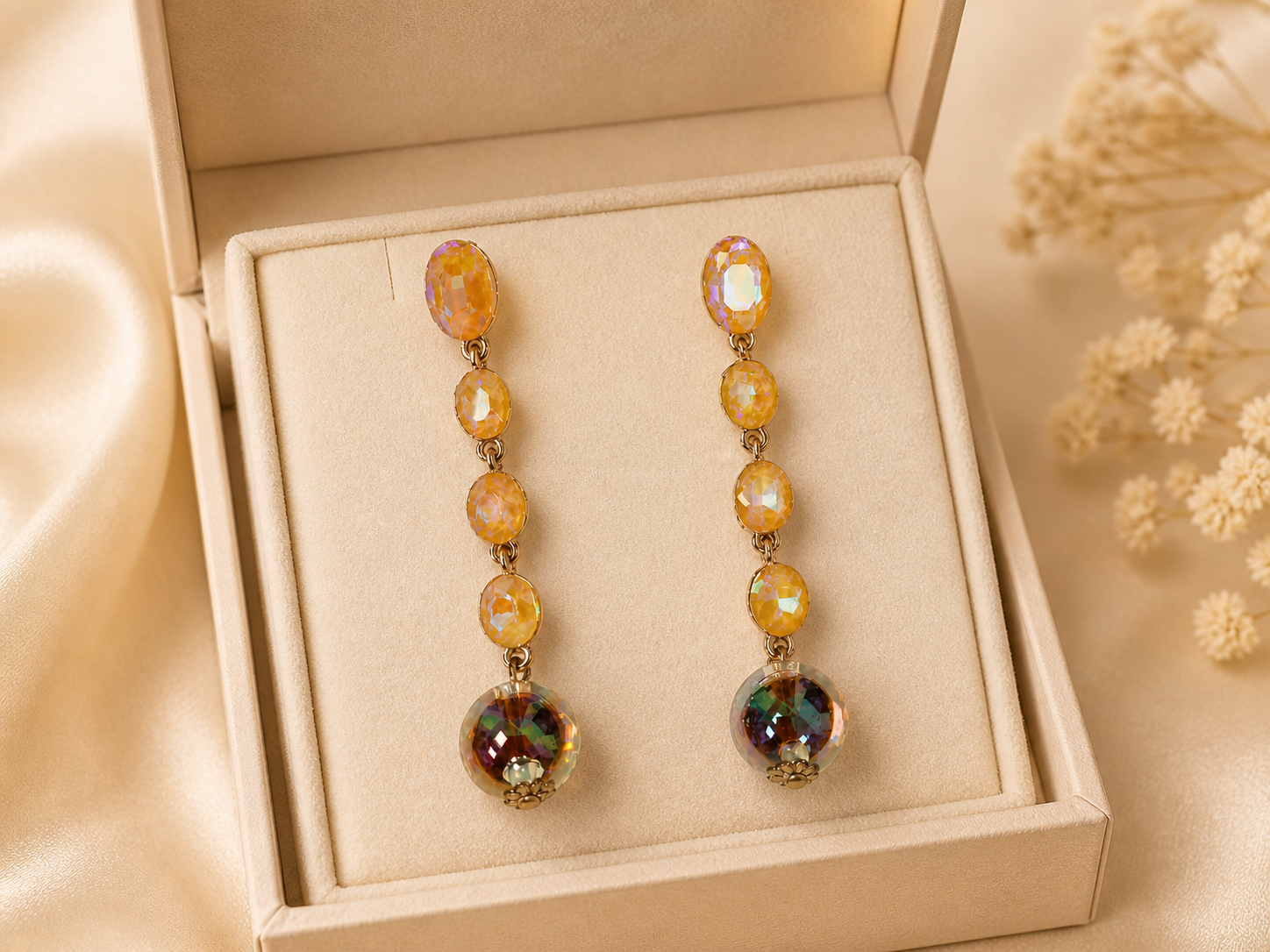Trendy Crystal Earrings - Warm Amber / Golden-Orange With Multicolor Shine - Image 3